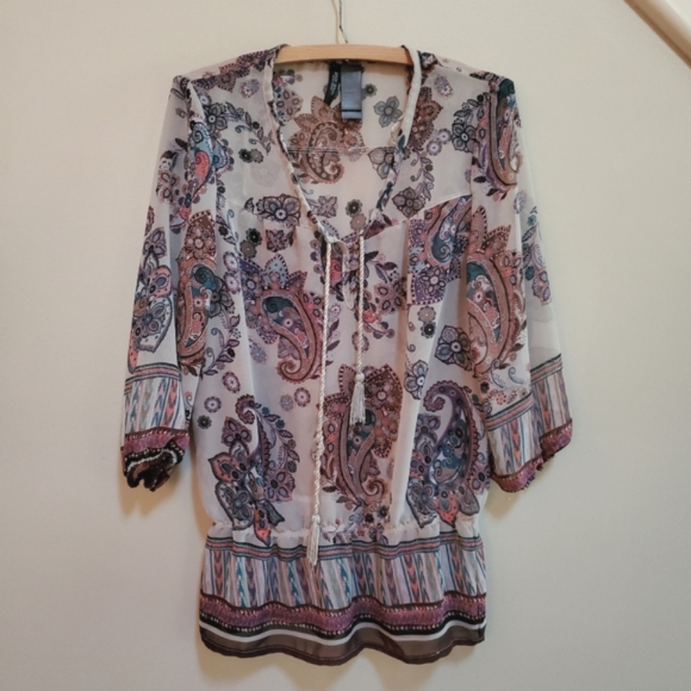 Bisou Bisou Womens Blouse XL Floral Sheer Boho Oversized XS